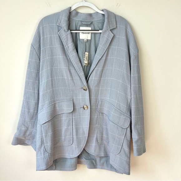 NWT Madewell Cotton-Linen Relaxed Larsen Blazer in Blue Windowpane - Picture 4 of 10